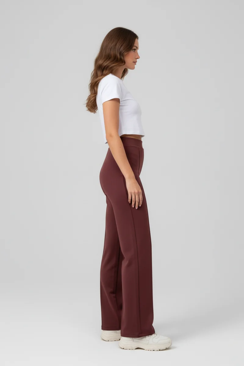 Kadın Modal Çımalı Yüksek Bel Beli Lastikli Bol Paça Pantolon - Kiremit