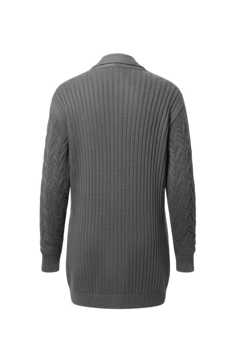 Kadın Gri Uzun Oversize Triko Hırka – Burgulu Örgü Desenli