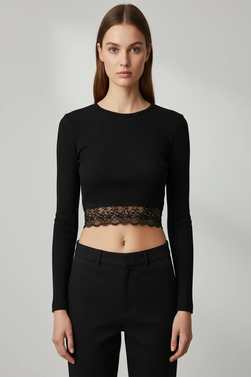 Kaşkorse Dantelli Crop Bluz - Siyah