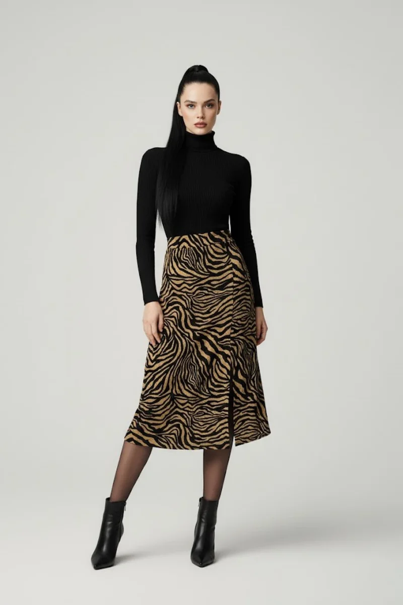 Kadın Yırtmaçlı Kahverengi Zebra Desen Midi Boy Etek