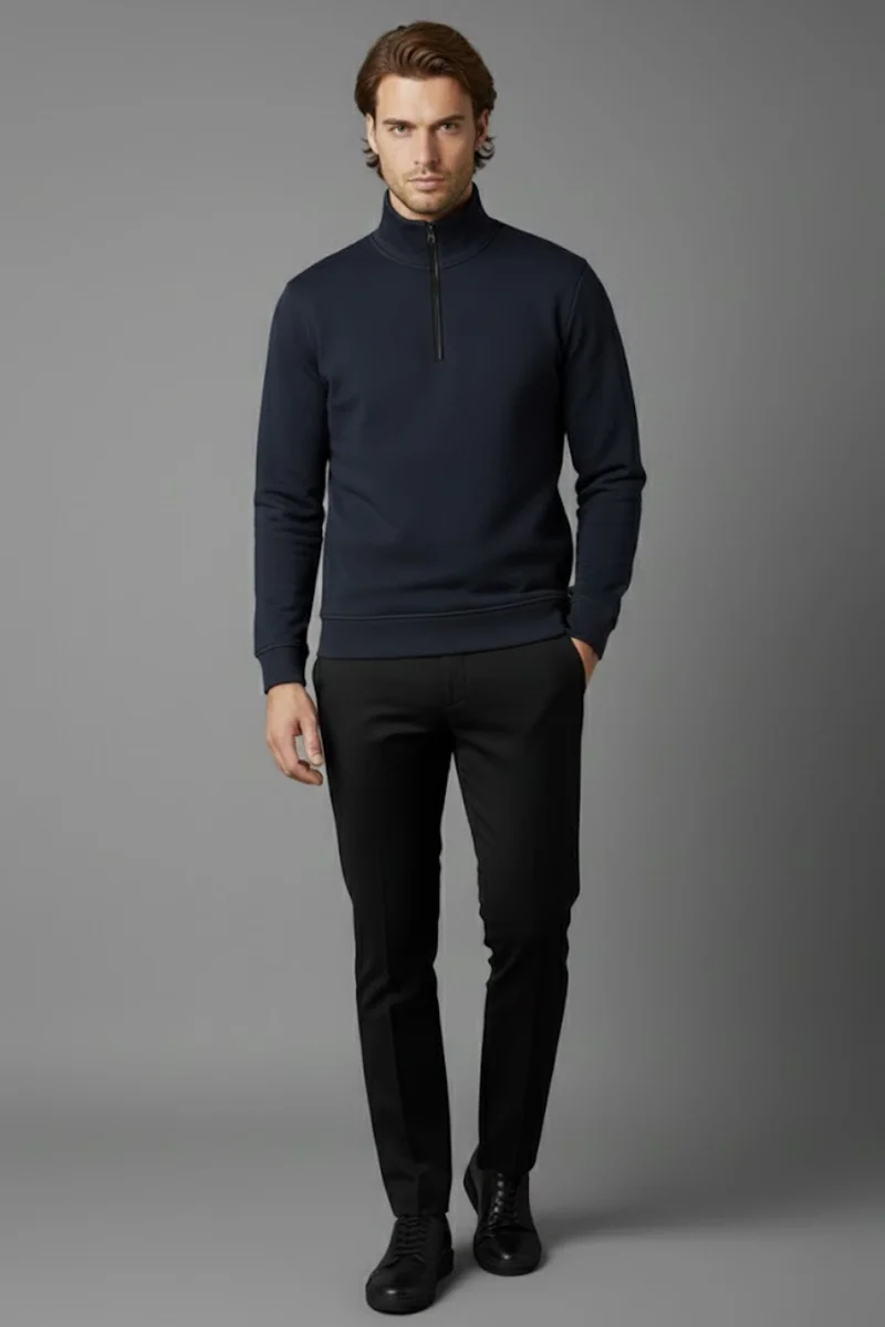 Unisex Kışlık Lacivert Yarım Fermuarlı Dik Yaka 2 İplik Basic Sweatshirt