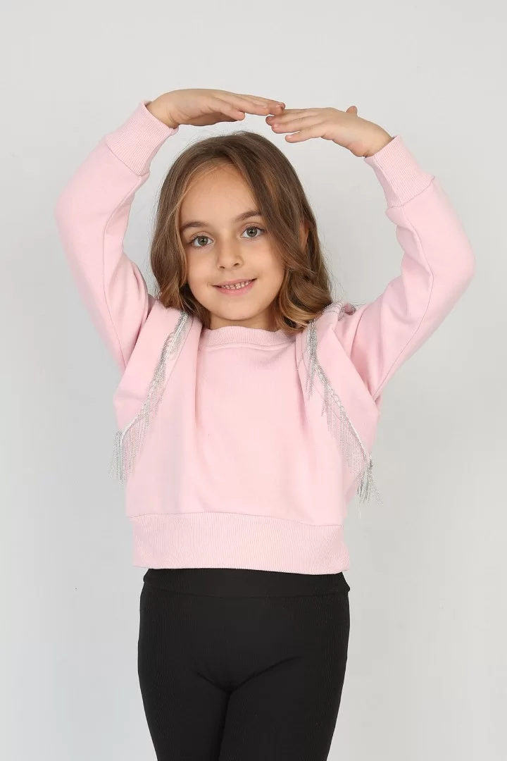 Üç İplik Şardonlu Omuz Detaylı Kız Çocuk Günlük Crop Sweatshirt