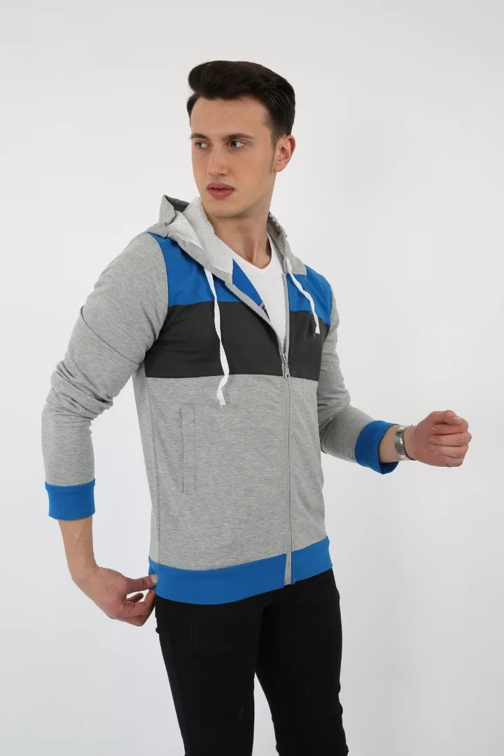 Parçalı Kapşonlu Fermuarlı Erkek Günlük Sweatshirt
