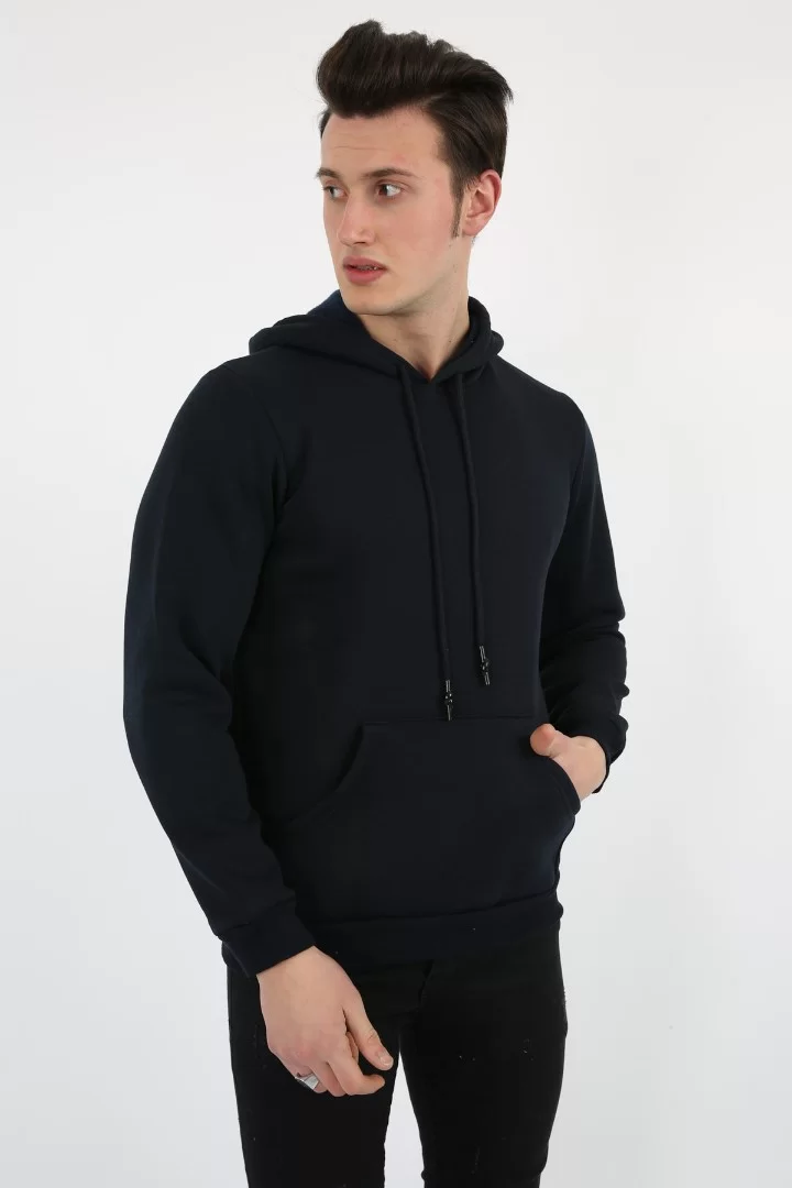 Üç İplik Şardonlu Kapşonlu Düz Erkek Günlük Sweatshirt