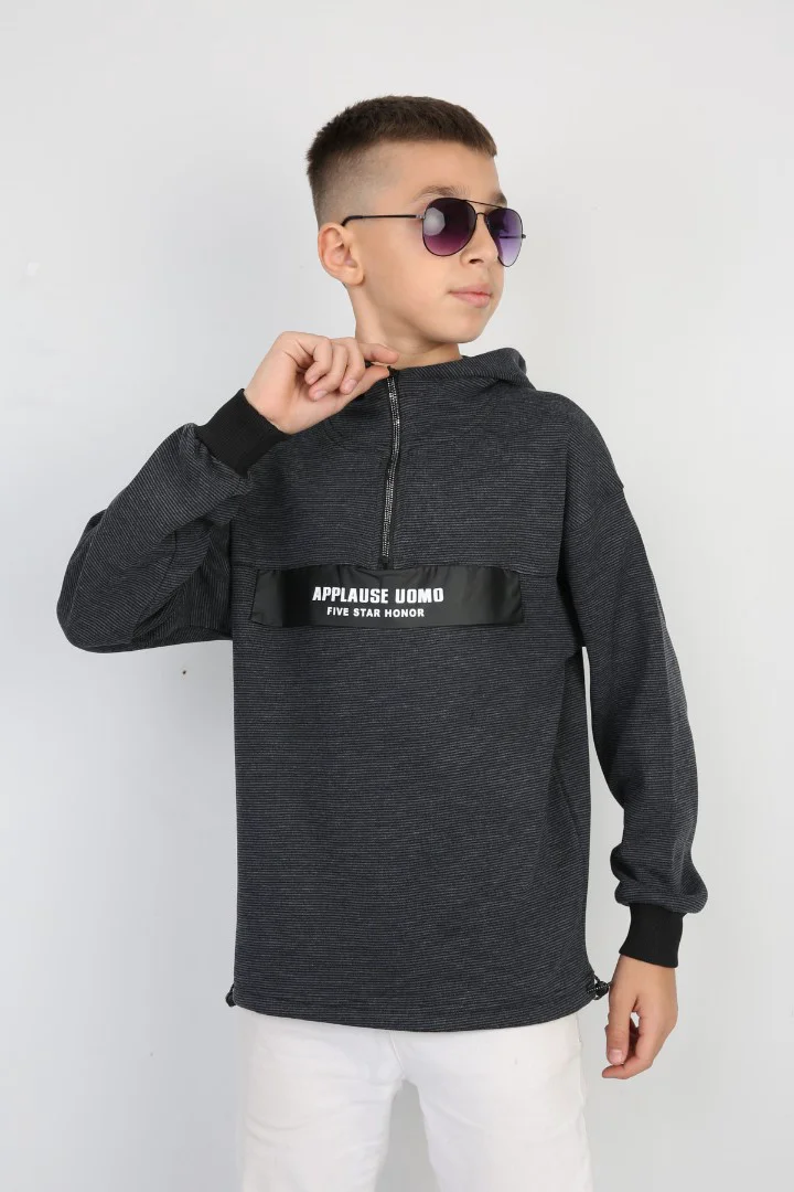 Yarım Fermuarlı Kapşonlu Baskılı Erkek Çocuk Günlük Sweatshirt