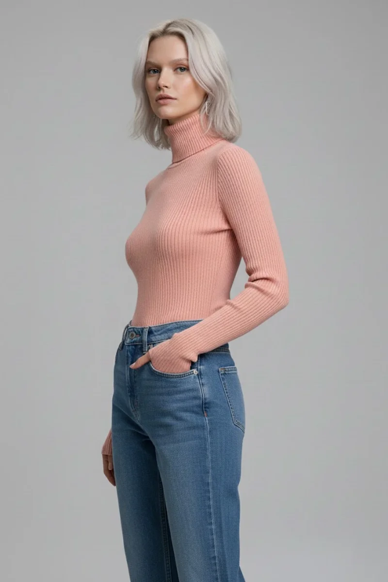 Kadın Pudra Pembe Tam Boğazlı Fitilli Triko Kazak - Yumuşak Dokulu Kışlık Slim Fit Örme Bluz