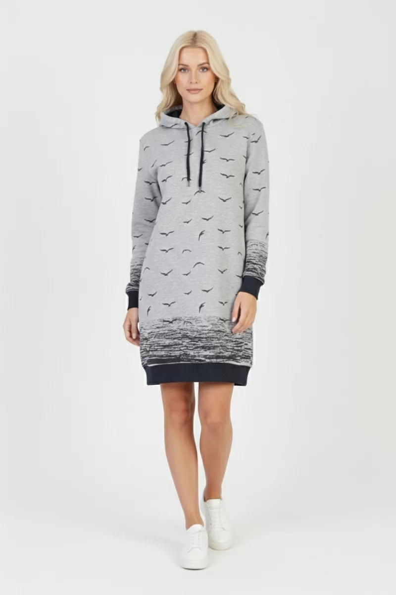 Kadın Gri Martı Desenli Kapüşonlu Cepli Uzun Kollu Jakarlı İnterlok Penye Sweatshirt Elbise