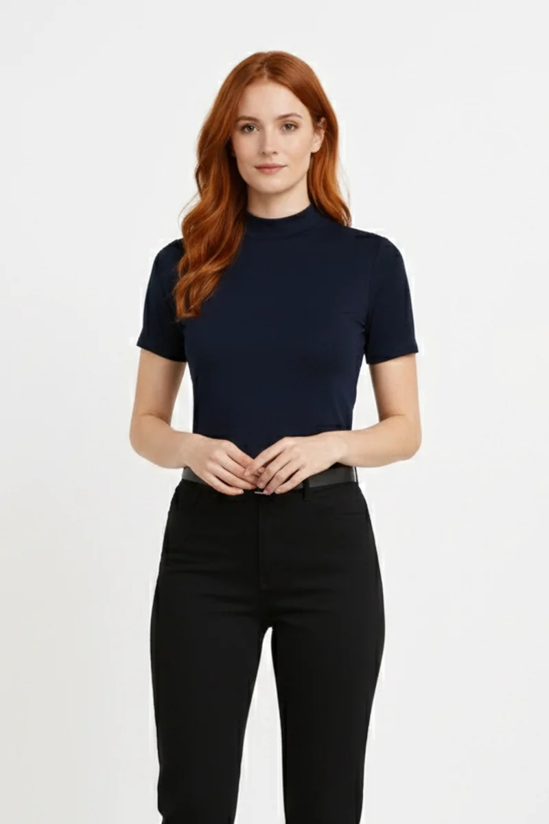 Kadın Lacivert Viskon  Yarım Balıkçı Yaka Kısa Kollu Kompakt Slim Fit Likralı Basic Günlük Body Bluz