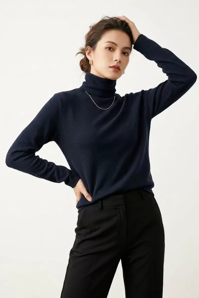 Kadın Lacivert Pamuklu Boğazlı Balıkçı Yaka Şardonlu İnce Kazak Slim Fit Bluz
