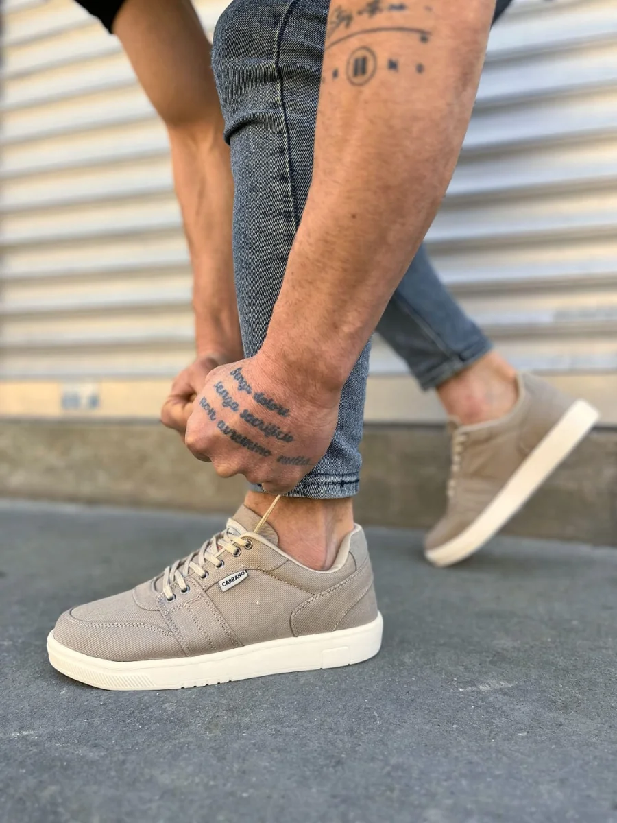 JY0118 REX Bağcıklı Keten Kumaş Erkek Günlük Sneaker Ayakkabı KKT - Bej