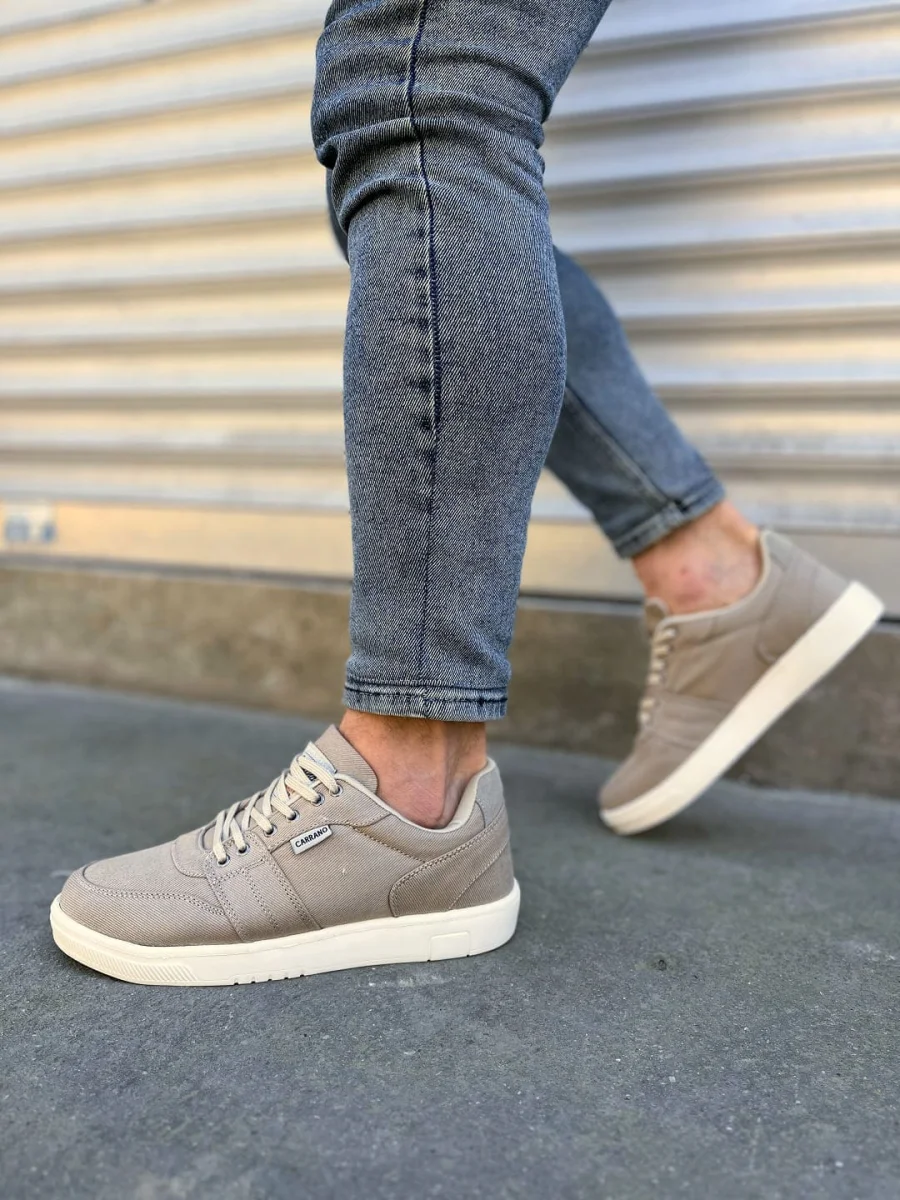 JY0118 REX Bağcıklı Keten Kumaş Erkek Günlük Sneaker Ayakkabı KKT - Bej