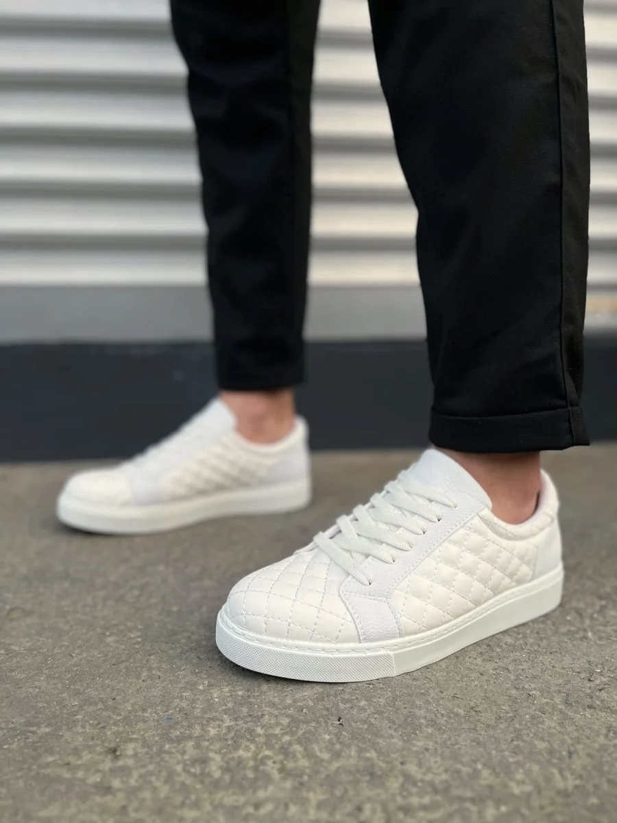 JY166 Prestige Bağcıklı Cilt Kapitone Desenli Erkek Günlük Sneaker Ayakkabı CBT - Beyaz