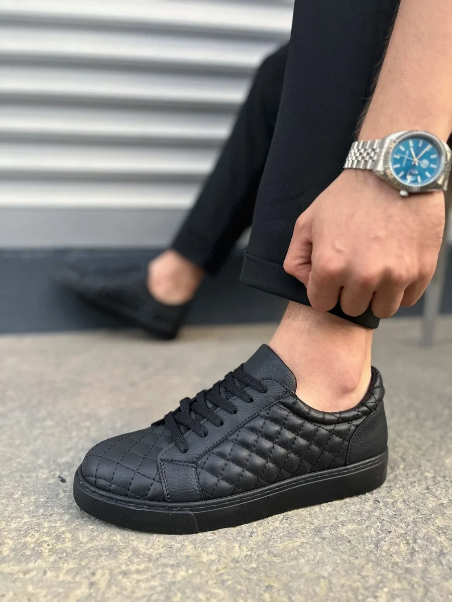 JY166 Prestige Bağcıklı Cilt Kapitone Desenli Erkek Günlük Sneaker Ayakkabı CST - Siyah