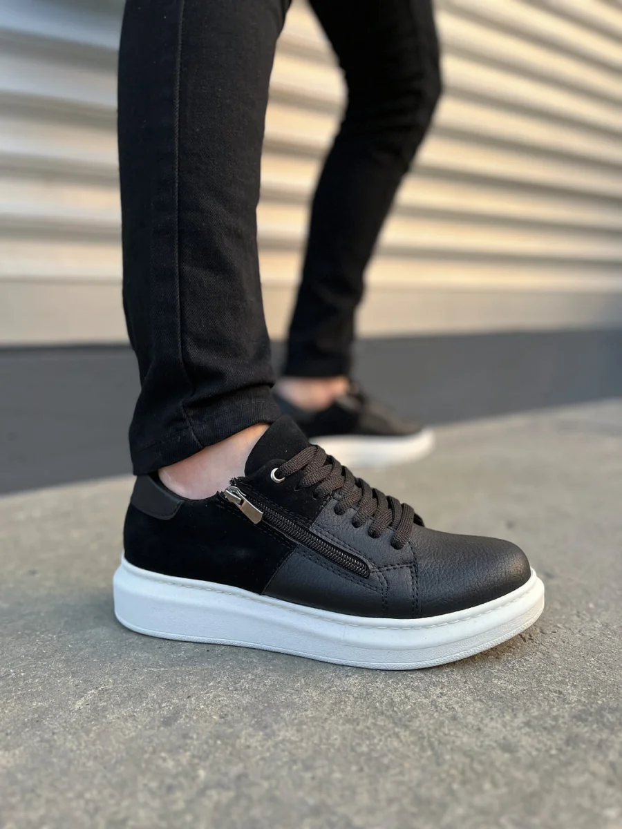 JY155 Warrior Bağcıklı ve Fermuarlı Cilt Süet Erkek Günlük Sneaker Ayakkabı CSBT - Siyah