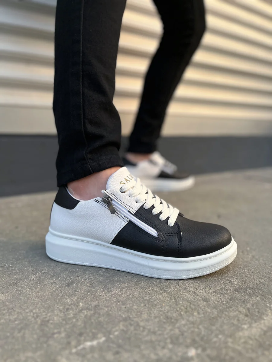 JY155 Warrior Bağcıklı ve Fermuarlı Cilt Erkek Günlük Sneaker Ayakkabı CBT - Beyaz/Siyah