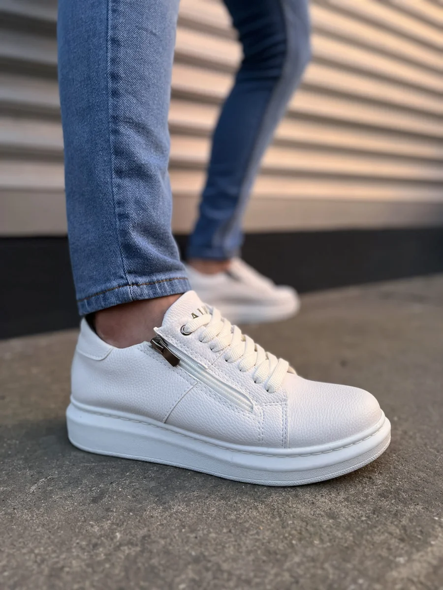 JY155 Warrior Bağcıklı ve Fermuarlı Cilt Erkek Günlük Sneaker Ayakkabı CBT - Beyaz