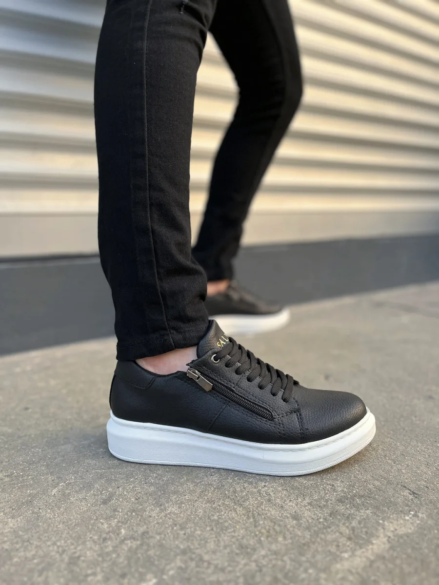 JY155 Warrior Bağcıklı ve Fermuarlı Cilt Erkek Günlük Sneaker Ayakkabı CBT - Siyah