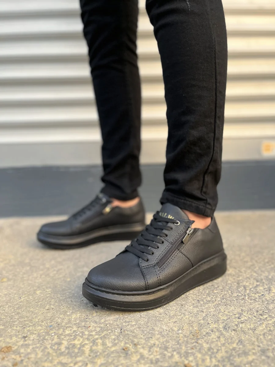 JY155 Warrior Bağcıklı ve Fermuarlı Cilt Erkek Günlük Sneaker Ayakkabı CST - Siyah
