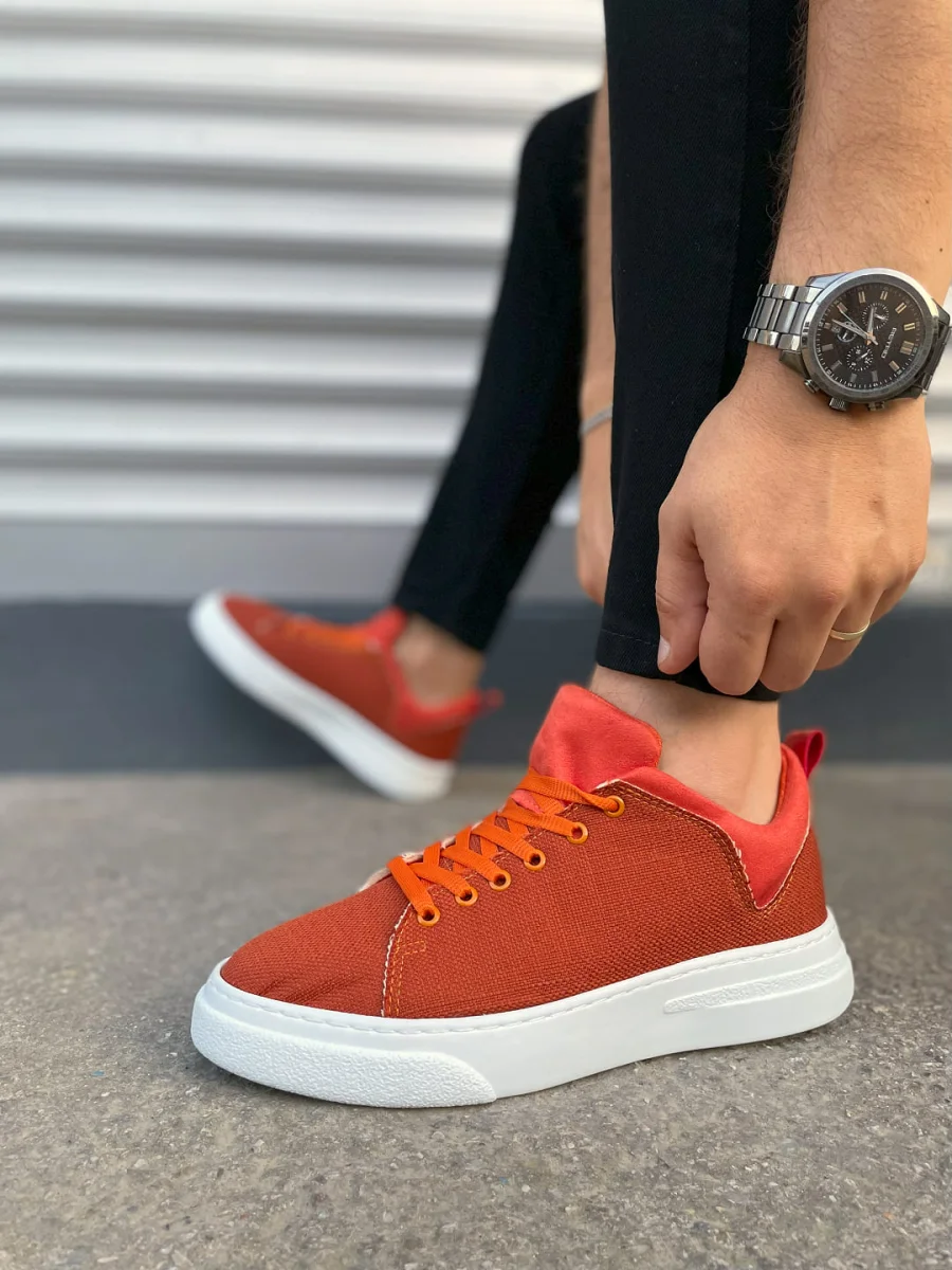 JY204 Flex Bağcıklı Keten Kumaş Erkek Günlük Sneaker Ayakkabı KBT - Turuncu