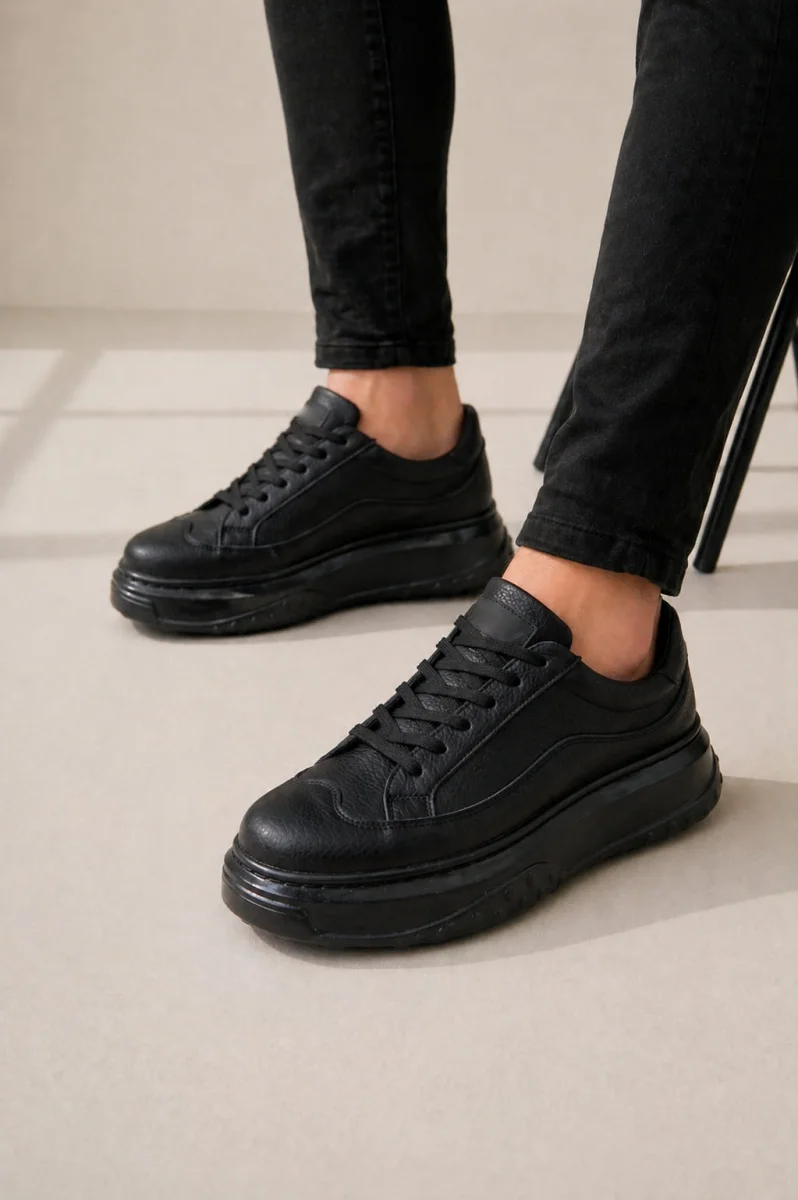 JY507 Dara Bağcıklı Cilt Erkek Günlük Sneaker Ayakkabı CST Siyah