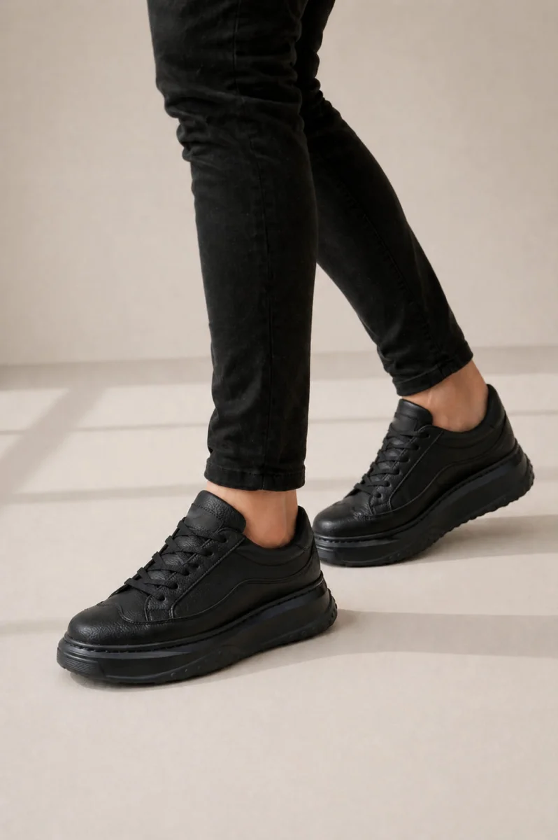 JY507 Dara Bağcıklı Cilt Erkek Günlük Sneaker Ayakkabı CST Siyah