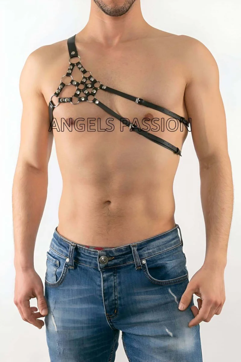 Erkek  Tek Omuz Deri Harness - Erkek  Fantazi İç Giyim - Erkek  Deri Erotik İç Giyim - Brfm14