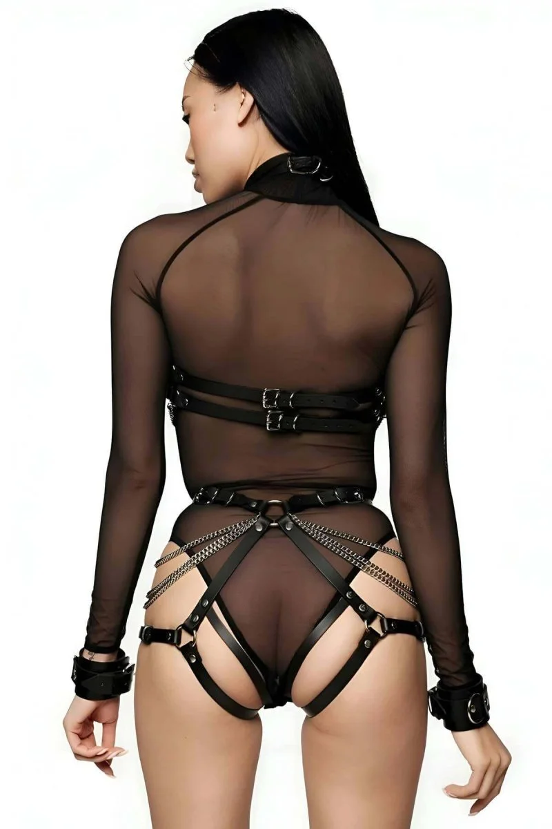Zincir Detaylı Seksi Deri Harness Takım, Kadın Erotik Fantezi Giyim - Brf1224