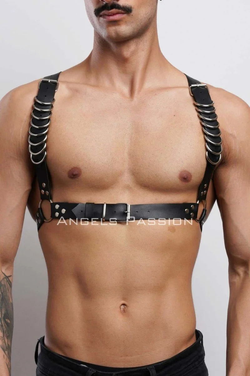 D Halka Detaylı Şık Erkek  Göğüs Harness, Erkek  Deri T-shirt Aksesuar - Brfm92