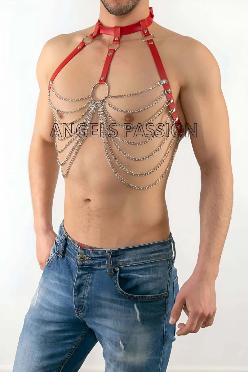 Zincirli Erkek  Deri Göğüs Harness, Zincirli Erkek  Harness - Brfm74-k1