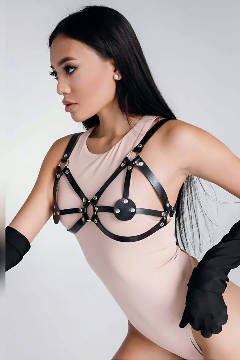 Siyah Seksi Deri Harness Sütyen - Brf112