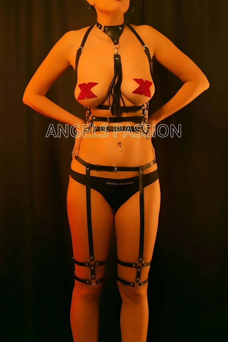 Püskül Choker Detaylı Siyah Deri Jartiyer Harness Takım - Brf302