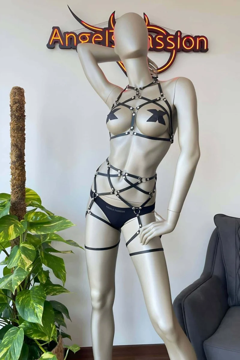 Siyah Deri Jartiyer Ve Büstiyer Harness - Brf415