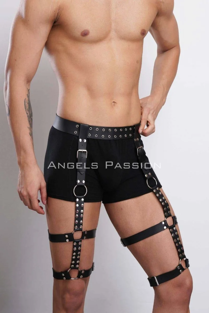 Perçin Detaylı Şık Erkek  Bacak Harness, Erkek  Fantazi Jartiyer Harness - Brfm193