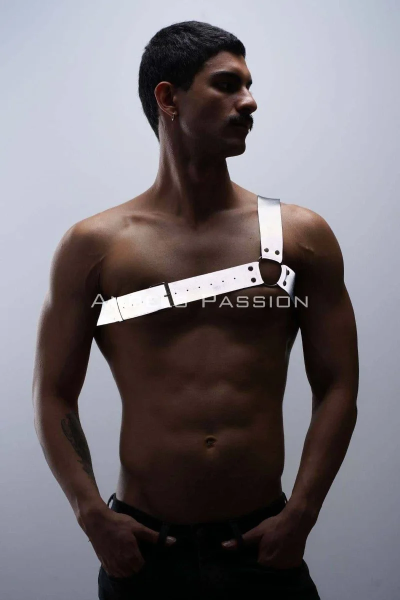 Reflektörlü (karanlıkta Parlayan) Tek Omuz Erkek  Göğüs Harness, Clubwear - Brfm32