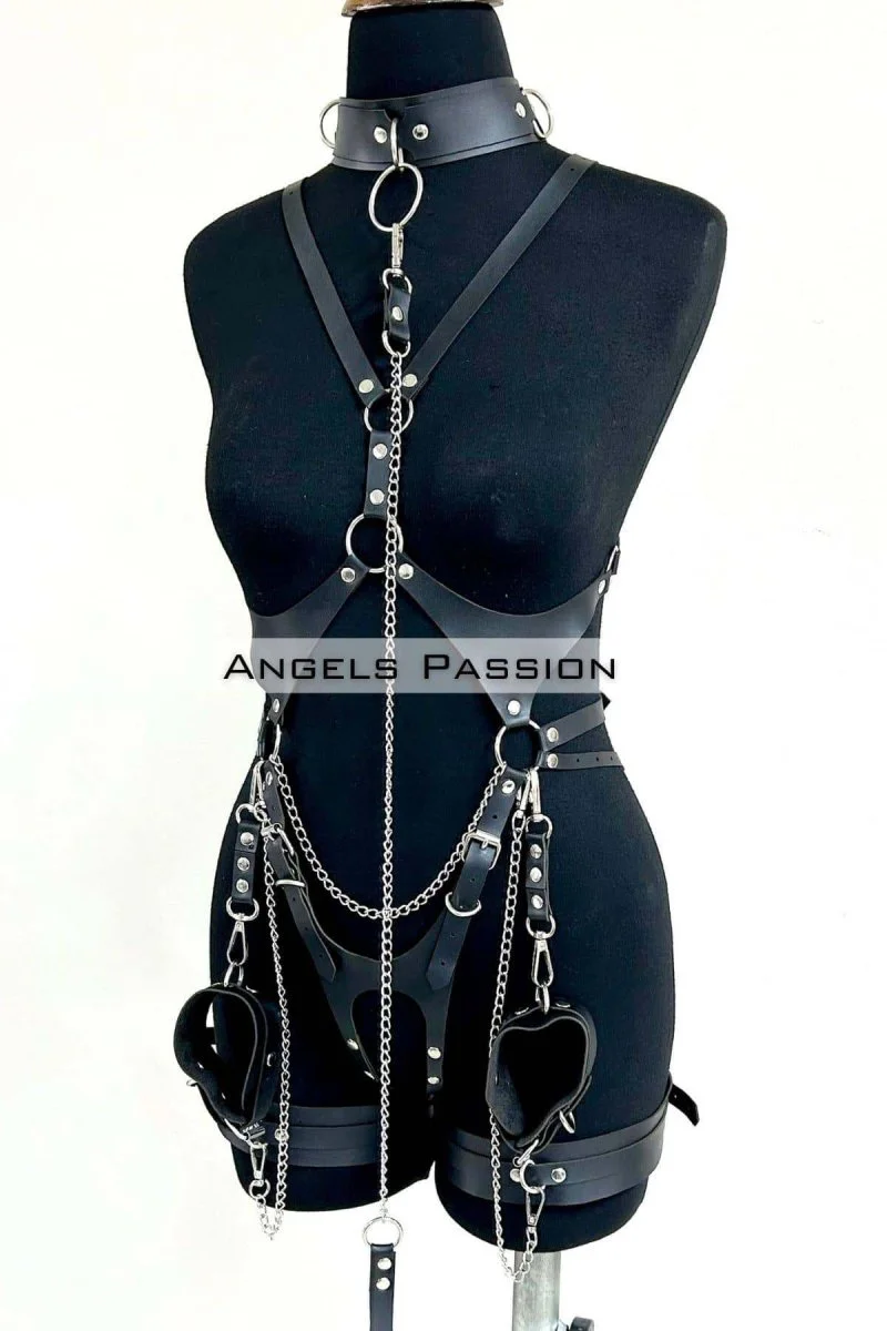 Tasma Ve Zincir Detaylı Şık Deri Harness, Deri Fantezi Giyim- Brf1225