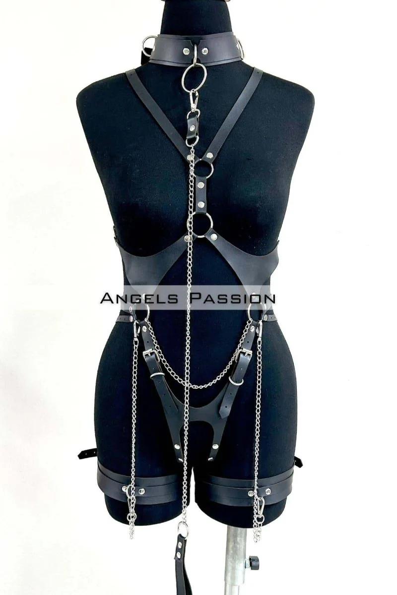 Tasma Ve Zincir Detaylı Şık Deri Harness, Deri Fantezi Giyim- Brf1225