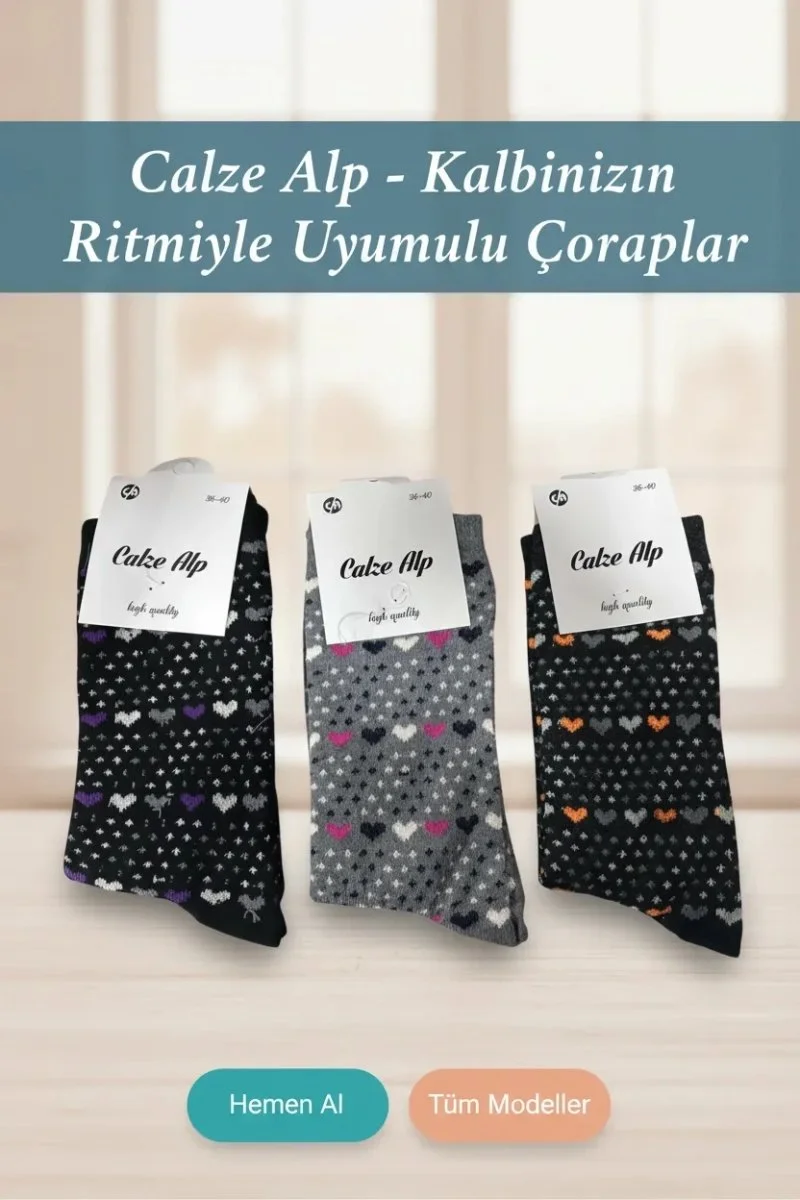 Barış Kalp Desenli Likralı Kadın Soket Çorap Adet