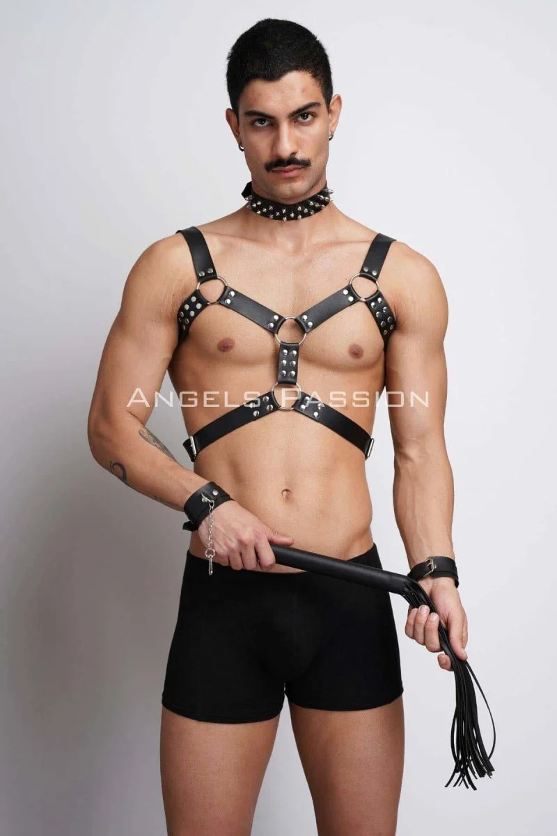 Kırbaç Ve Çivili Choker Detaylı Erkek  Fantazi Giyim, Deri Erkek  Harness Takım - Brfm102