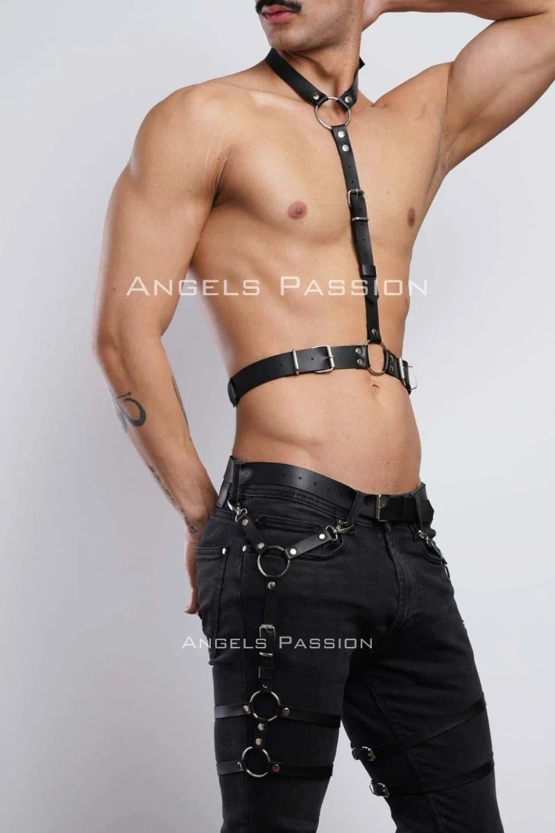 Erkek  Jartiyer Ve Göğüs Harness, Deri Erkek  Bacak Harness, Deri Göğüs Harness, Partywear, Clubwear - Brfm202