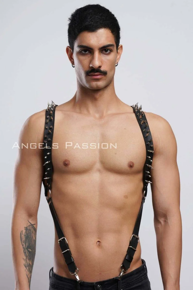 Çivi Detaylı Erkek  Göğüs Harness, Erkek  Clubwear, Deri Erkek  Harness - Brfm203
