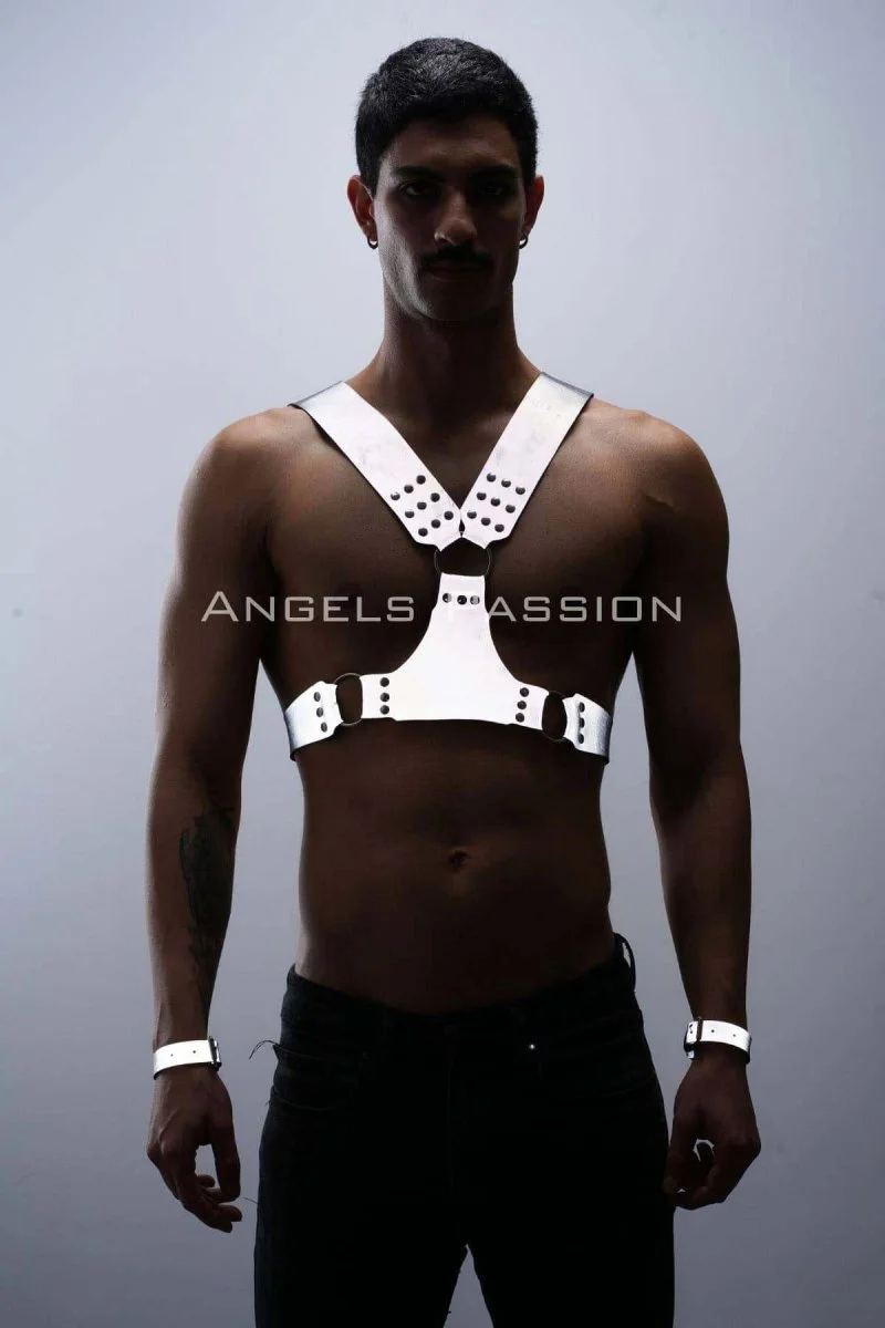 Karanlıkta Parlayan - Reflektörlü Erkek  Harness, Kelepçeli Göğüs Harness Takım - Brfm121