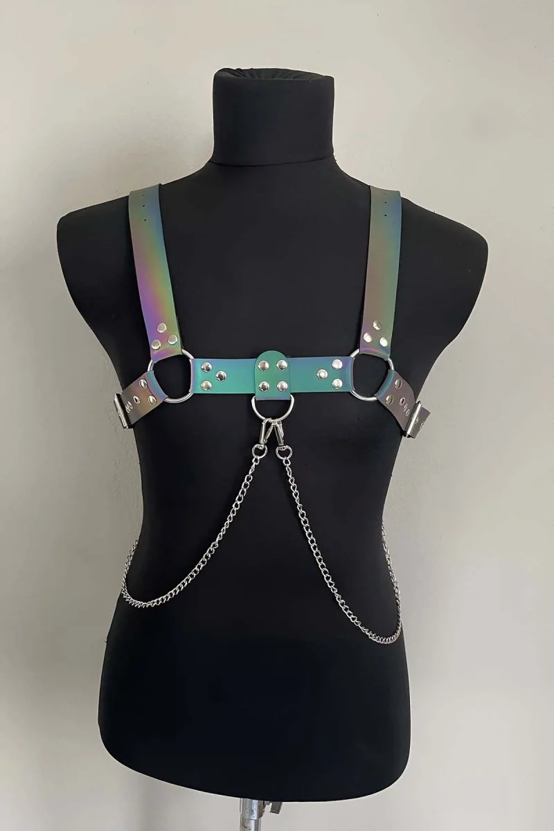 Rainbow Reflektörlü (karanlıkta Parlayan) Zincir Detaylı Şık Erkek  Göğüs Harness, Reflektörlü Clubwear - Brfm109