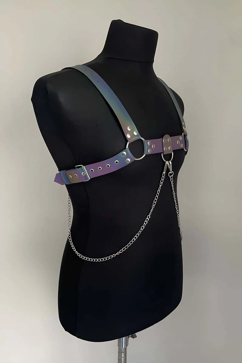 Rainbow Reflektörlü (karanlıkta Parlayan) Zincir Detaylı Şık Erkek  Göğüs Harness, Reflektörlü Clubwear - Brfm109