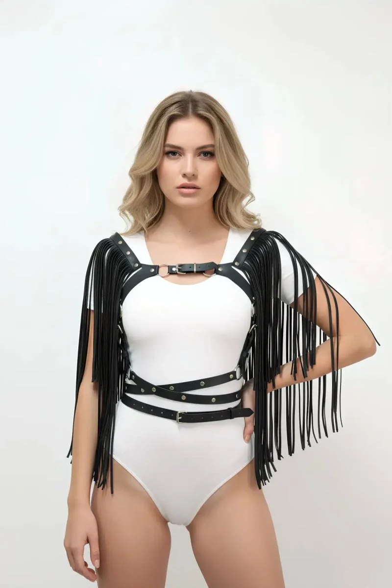 Püskül Detaylı Deri Göğüs Harness, Deri Harness Püsküllü Ceket - Brf999