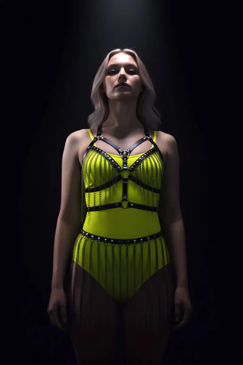 Zincirli Harness Takım, Deri Zincirli Etek Takım - Brf496