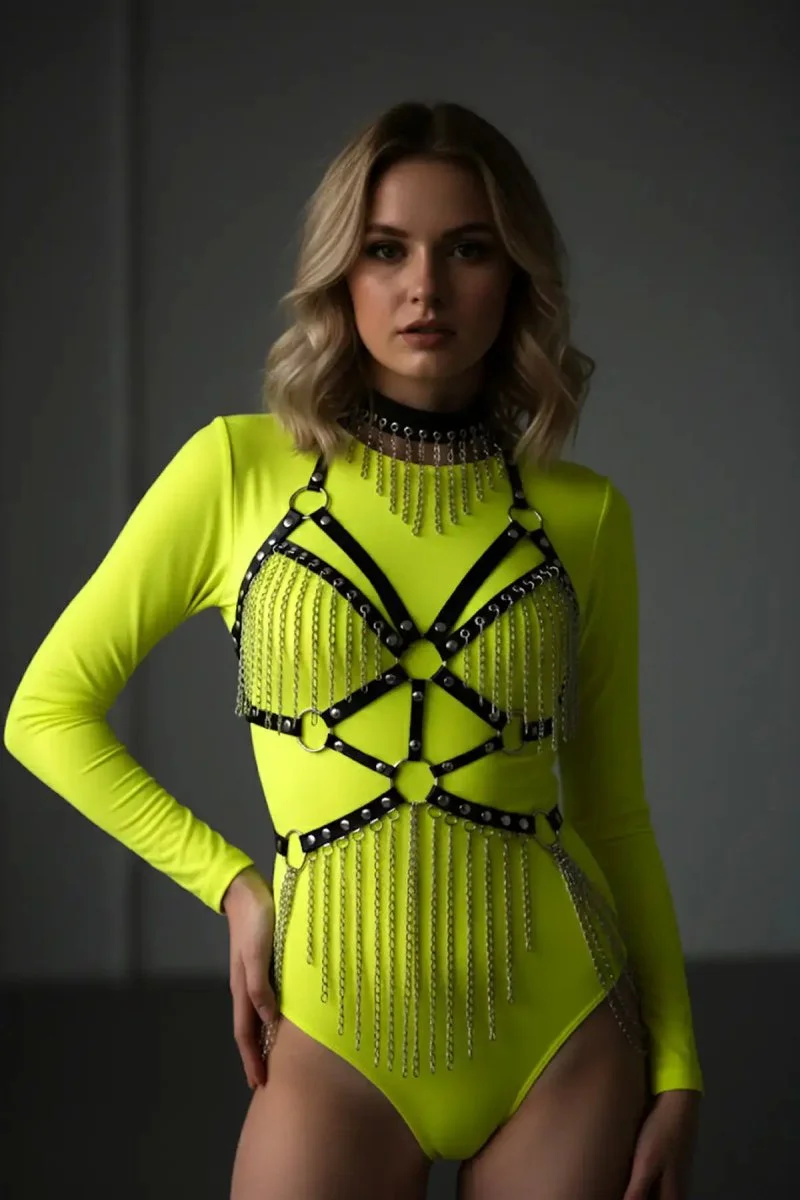 Zincirli Deri Harness, Deri Dansçı Kostüm, Choker Detaylı Deri Harness - Brf1397