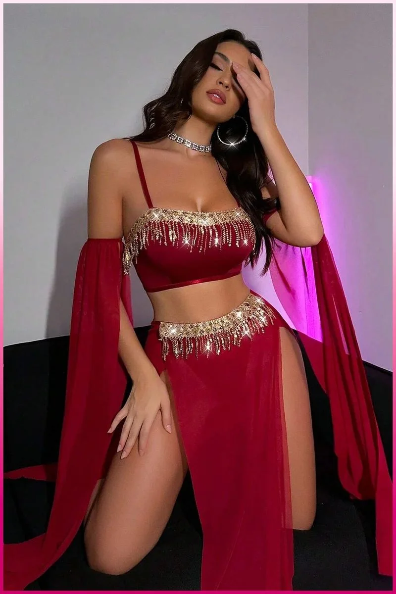 Bordo Pul Aksesuarlı Tül Etekli Kadın Seksi Gecelik