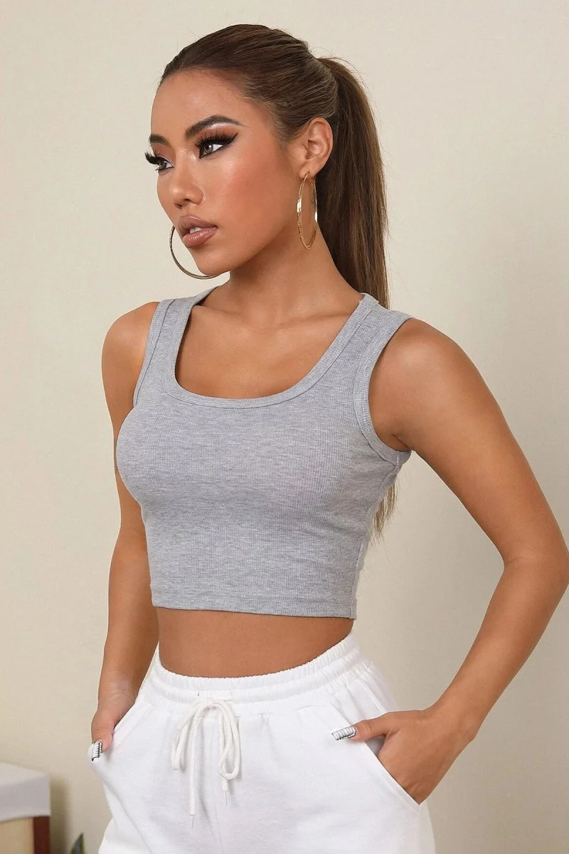 Kadın Gri Kare Yaka Crop Top Bluz