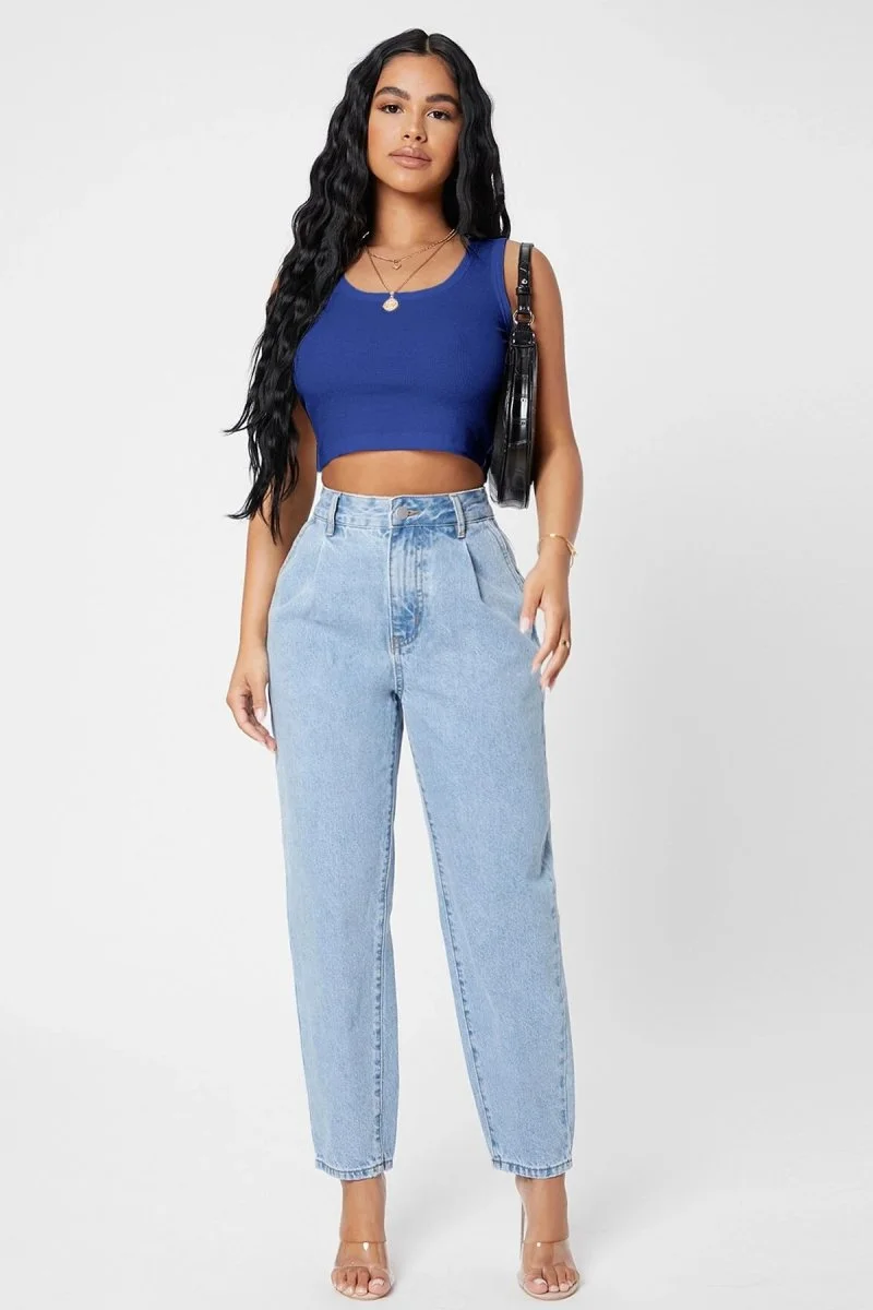 Kadın Lacivert Kare Yaka Crop Top Bluz