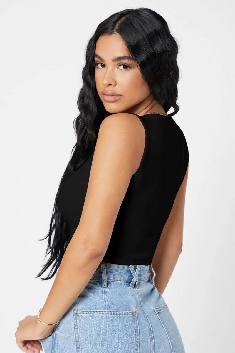 Kadın Siyah Kare Yaka Crop Top Bluz